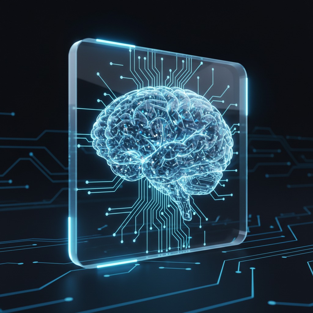 A glowing, translucent human brain is encased in a glass square featuring integrated circuit patterns against a dark background.
